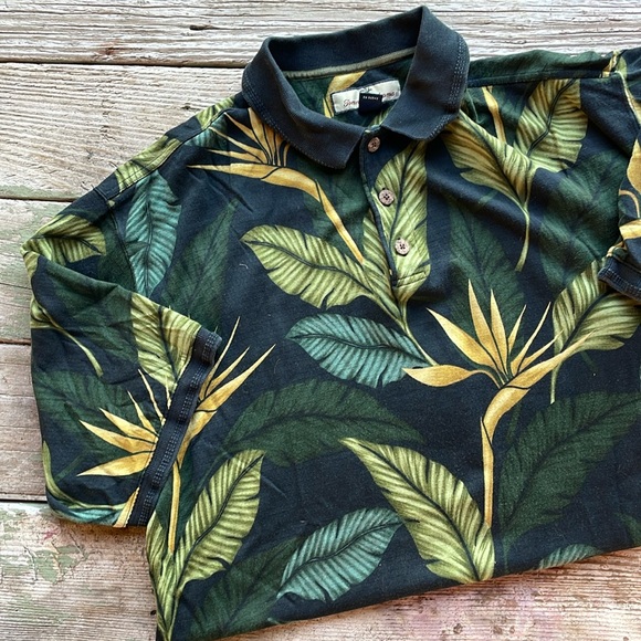 Tommy Bahama Silk & Cotton Blend Hawaiian Birds of Paradise PrintCollared TShirt - Picture 1 of 4